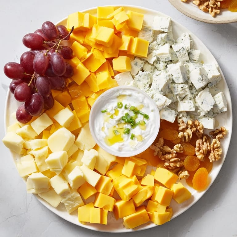 This vibrant Celtic Cross Cheese Platter showcases Brie, cheddar, and grapes around a creamy dip.