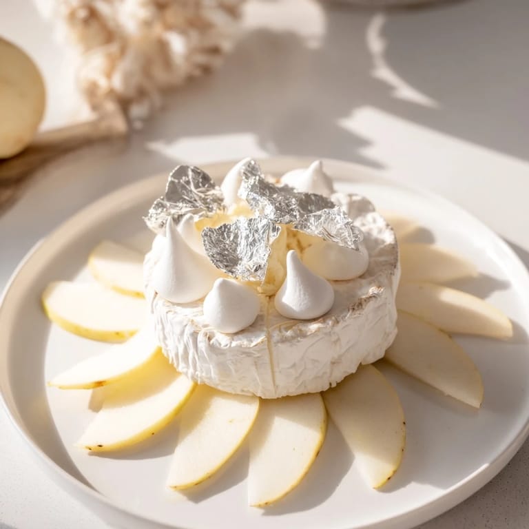 A beautifully arranged Pearly Gates cheese board: brie, peaches, and delicate meringue kisses ready to serve.
