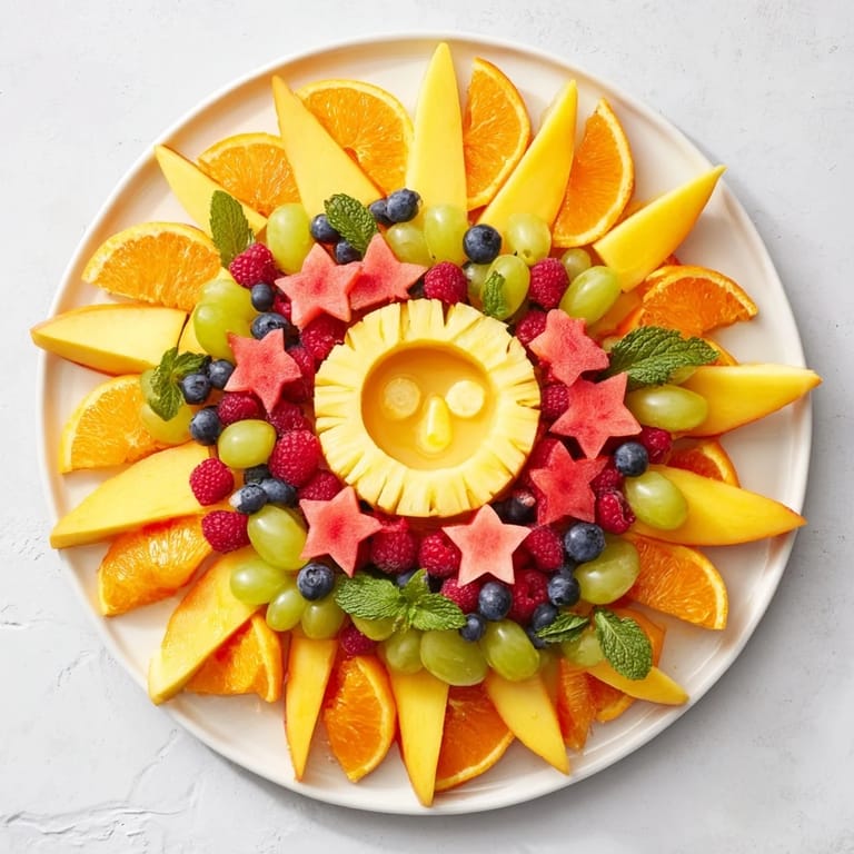 Vivid Summer Rays Sun-Shaped Fruit Tray with juicy mango and pineapple arranged to resemble a cheerful sun.