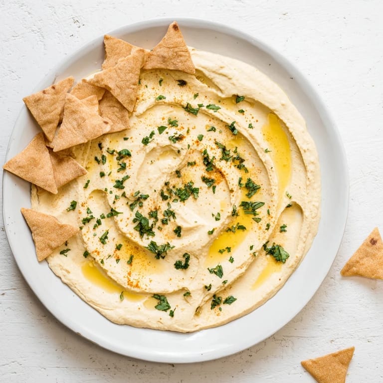 Golden pita chips surround sculpted Sahara Dune hummus, garnished with paprika, a Middle Eastern appetizer.
