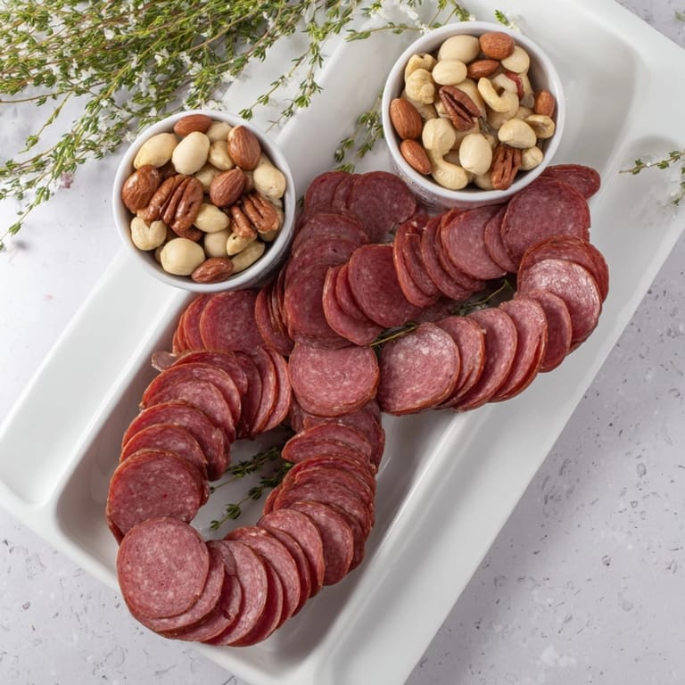 The colorful Infinity Loop showcases salami artfully looped with mixed nuts for an easy appetizer.