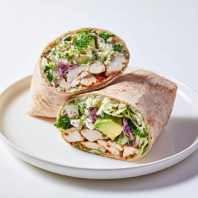 Close-up of Green Goddess Chicken Wraps, showing the colorful filling bursting from a whole wheat tortilla.