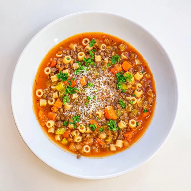 A steaming pot of homemade Ditalini and Lentil Soup, filled with hearty vegetables and lentils.