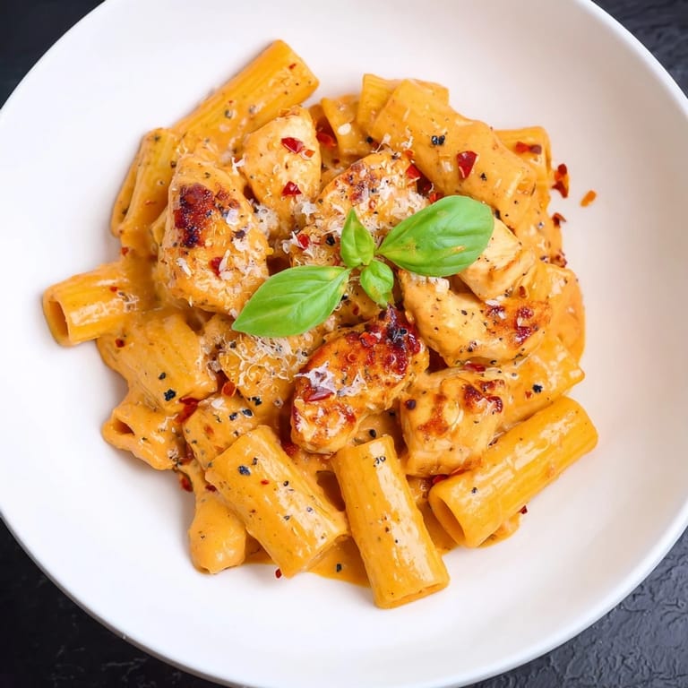 A close-up of a skillet brimming with Spicy Vodka Chicken Pasta, offering warmth and flavor.
