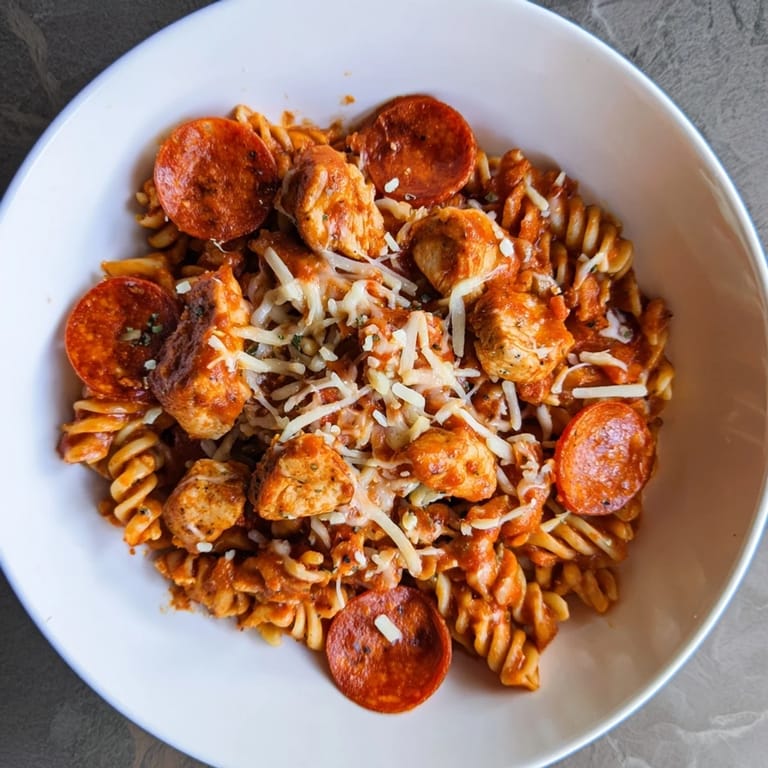 Mouthwatering One-Pan Pizza Pasta ready to serve, pepperoni visible, cheese melted, and ready to enjoy.