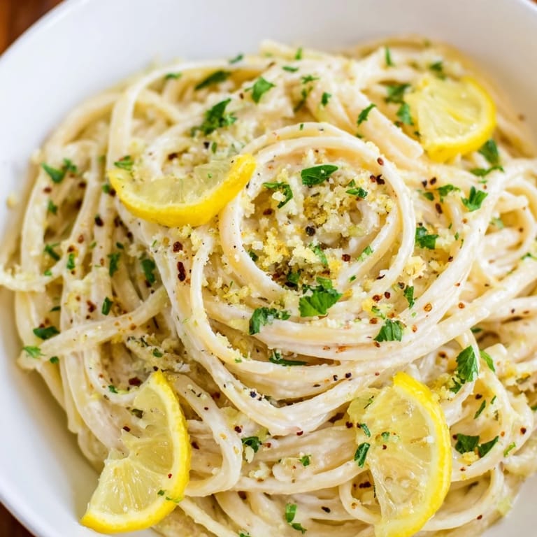 A bowl of Lemon-Garlic Greek Yogurt Pasta, with visible garlic and a bright lemon sauce.