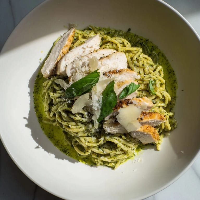 Up-close shot of pesto egg and chicken pasta; parmesan and basil sprinkled on top for flavor.