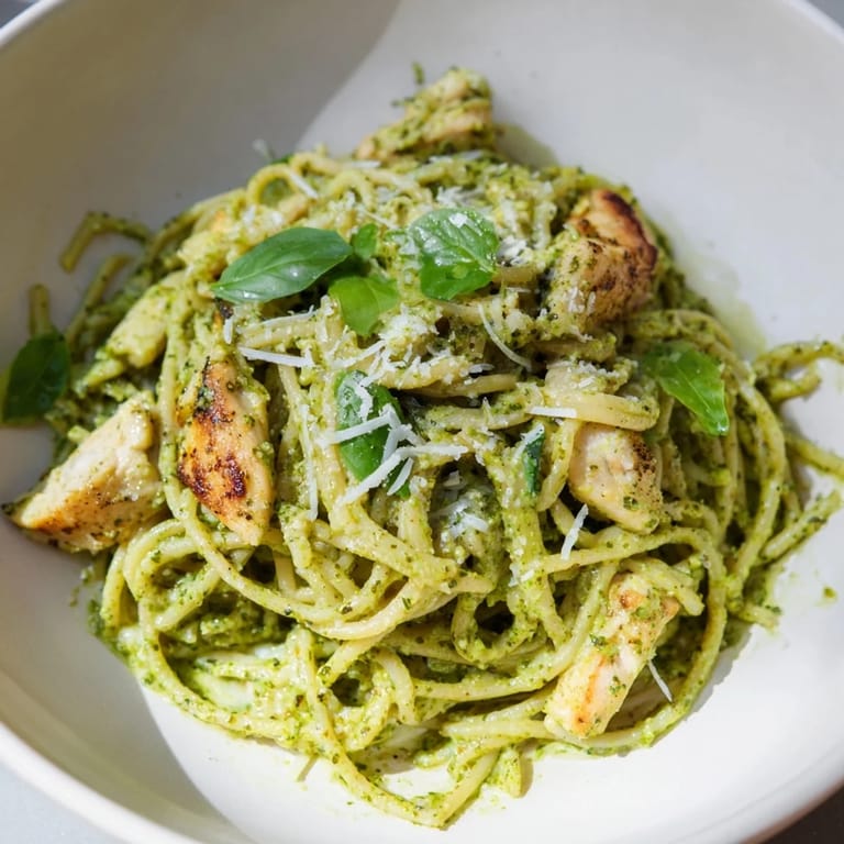 A bowl overflowing with the flavorful pesto egg and chicken pasta, ready to enjoy for dinner.