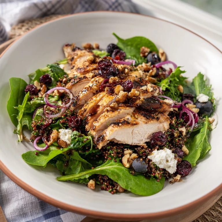 Nahaufnahme eines köstlichen Blueberry Goat Cheese Chicken Salad mit frischen Zutaten und Dressing.