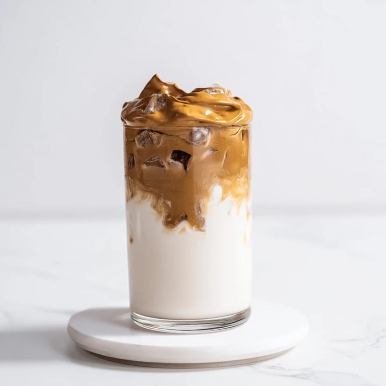 This close-up showcases the fluffy, caramel-colored whipped coffee atop a refreshing Brown Sugar Dalgona Latte.