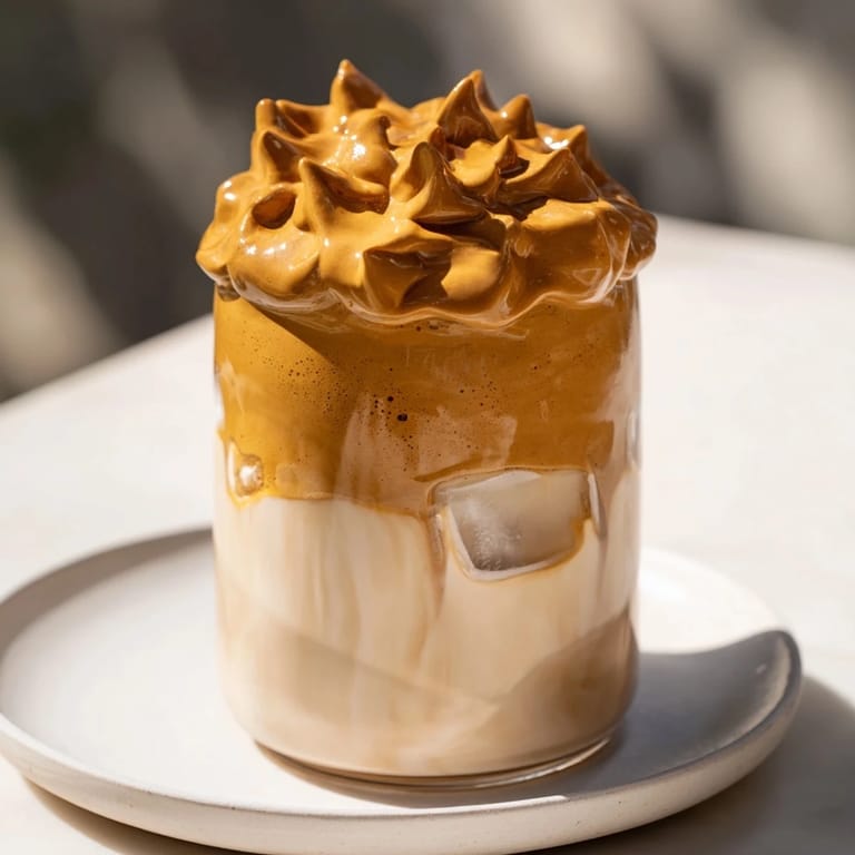 Enjoy an inviting view of a Brown Sugar Dalgona Latte, with a sprinkle of cinnamon and served with ice.