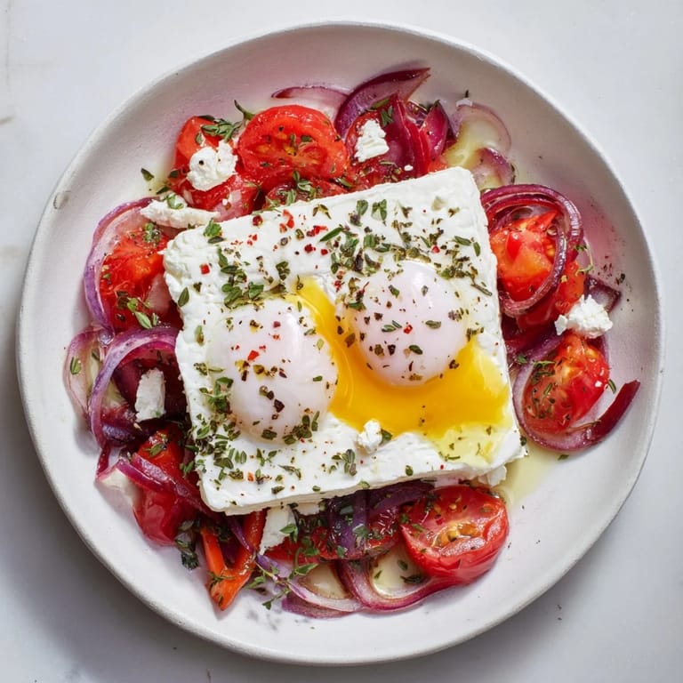 A close-up of a rustic Mediterranean Baked Feta & Eggs dish, ready to be served hot.