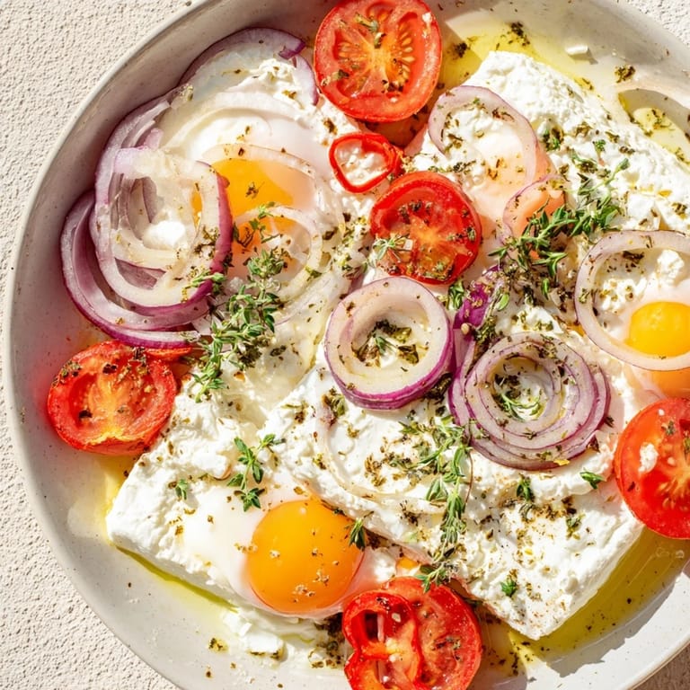 Golden, baked Mediterranean Feta & Eggs, perfect for brunch with fresh parsley and crusty bread.