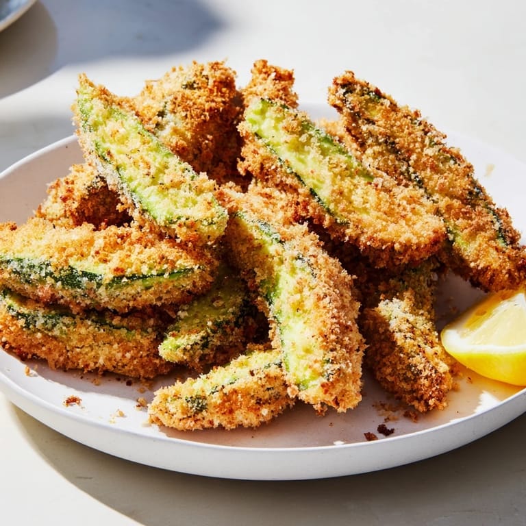 Close-up of baked avocado fries, showcasing the crunchy breading and fresh avocado interior.