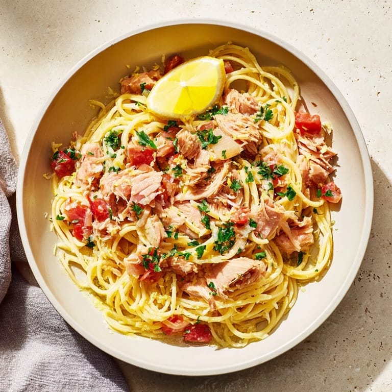 Golden strands of Lemon-Garlic Tuna Spaghetti, with a perfect toss of garlic and parsley.