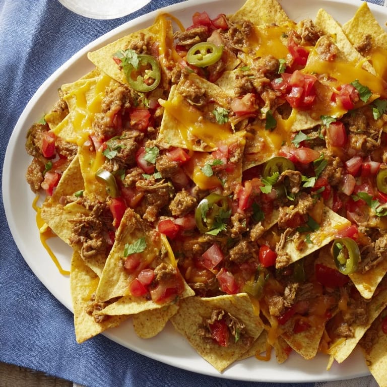 Herrliche Easy Sheet-Pan Nachos, zum Teilen bereit: goldbrauner Käse, Fleisch und bunte Toppings.