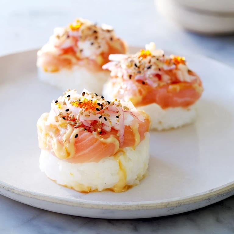 Golden, bubbly Creamy Salmon Sushi Bake, ready to scoop and enjoy with nori.