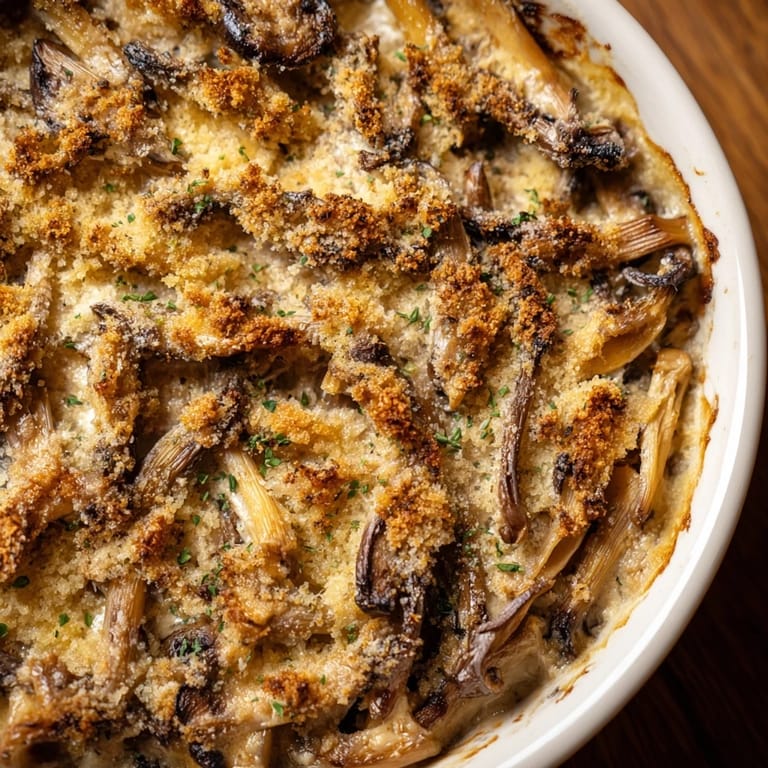 Close-up of golden brown Ranch-Seasoned Crispy Mushrooms, perfectly seasoned and baked for a snack.