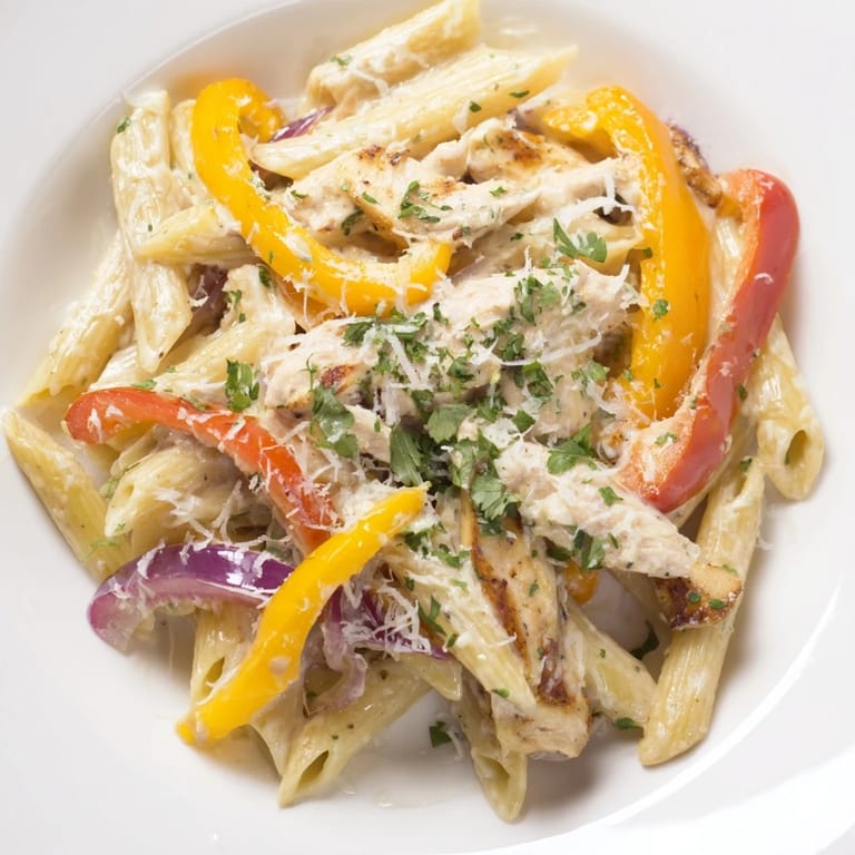 Close-up of Cajun Chicken Pasta: a comforting bowl of pasta, chicken, and creamy, cheesy sauce.