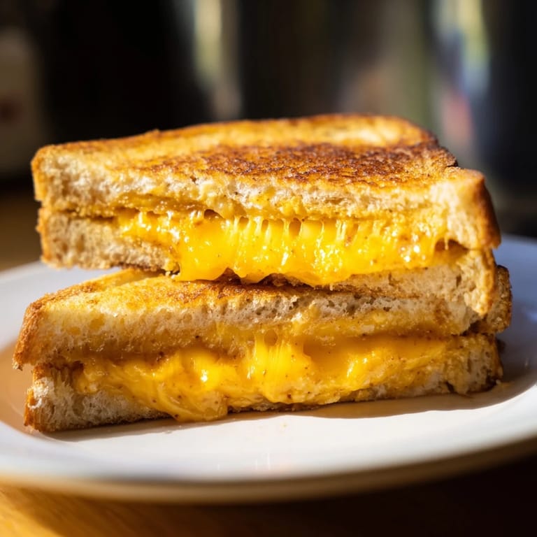 Golden-brown Honey Chipotle Butter Grilled Cheese sliced open, revealing melted cheese and ready to eat.