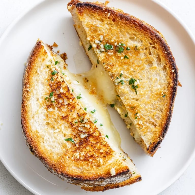 Crispy sourdough Garlic Butter Mayo Grilled Cheese with a rich garlic aroma, ready to slice and devour.