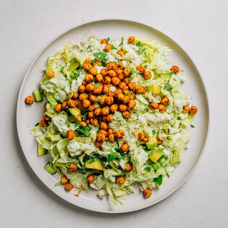 Ein Teller voller Green Goddess Salad: Knackige Kichererbsen und cremiges Dressing.