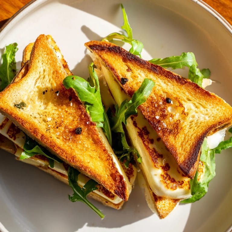 Close-up of a perfectly grilled Crispy Halloumi Grilled Cheese, showing the golden halloumi and toasted bread.