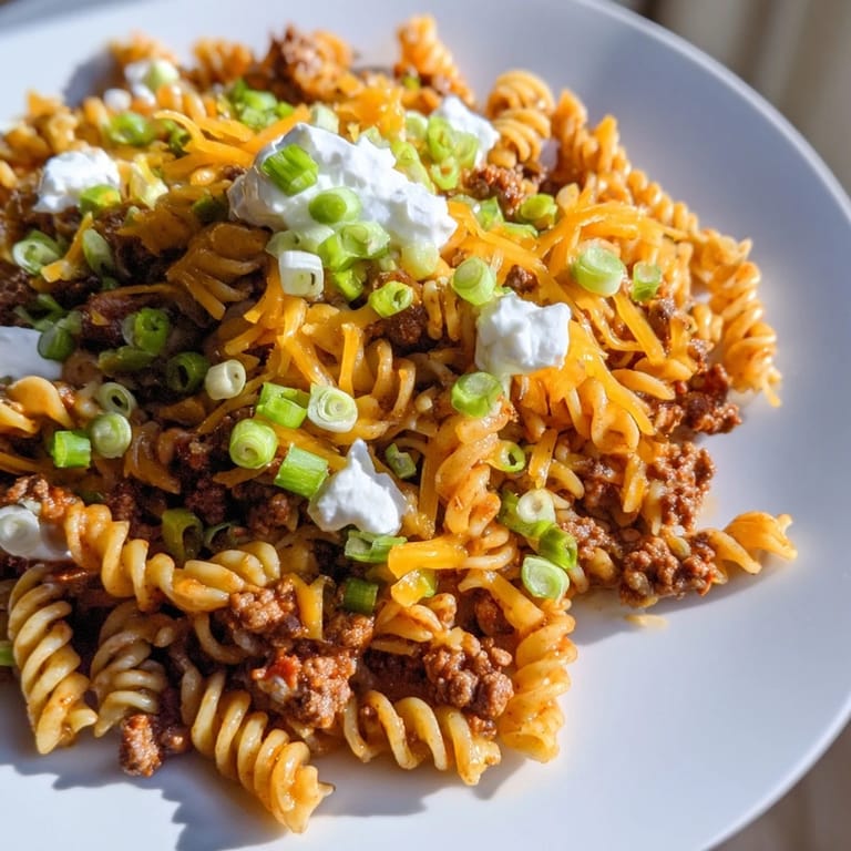 Close-up of a creamy One-Pot Taco Pasta, topped with fresh green onions and a dollop of sour cream.