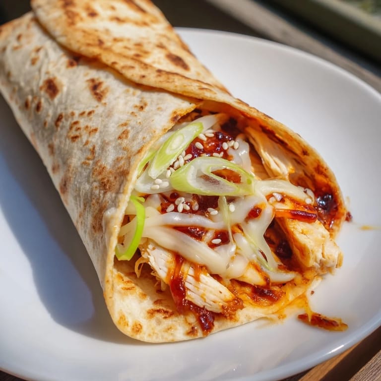Melty cheese and sesame seeds highlight this savory Korean BBQ Chicken Wrap Grilled Cheese delight.