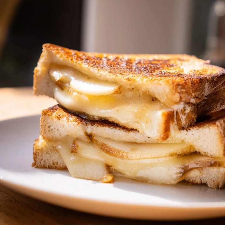Golden Brie and apple grilled cheese sandwich, full of melted Brie and apple slices, perfect for lunch.