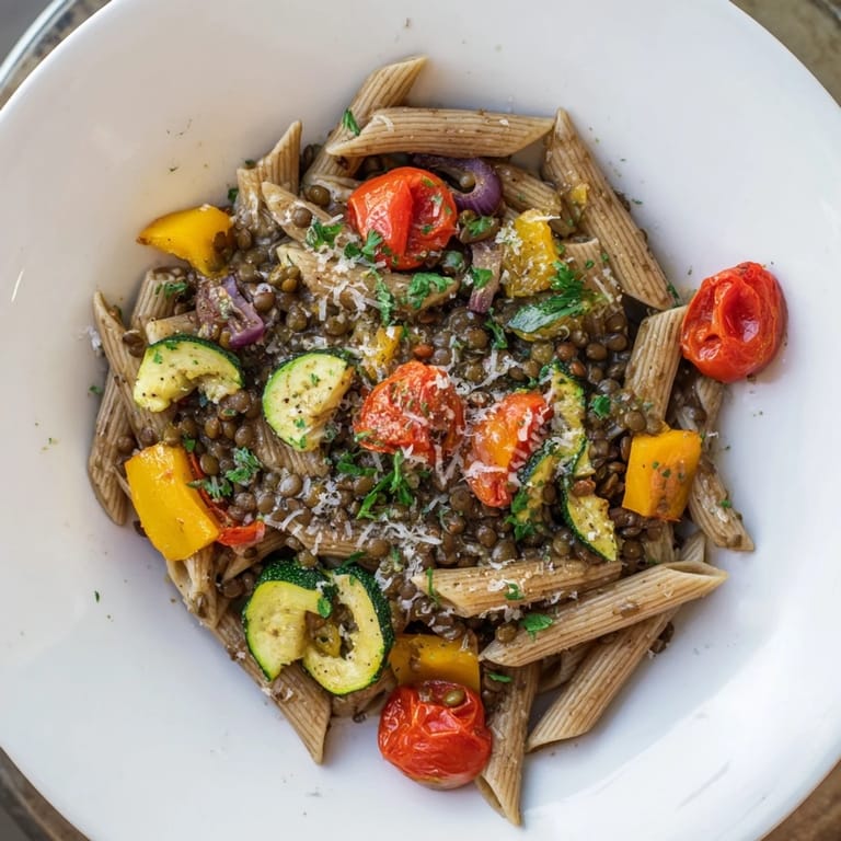 Hearty Lentil Pasta with Vegetables, a vegetarian meal with colorful roasted bell peppers and zucchini.
