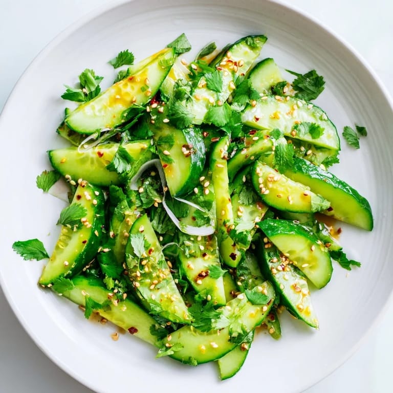 Close-up of vibrant Zesty Shake Cucumber Salad with chilies and a flavorful soy-sesame dressing.