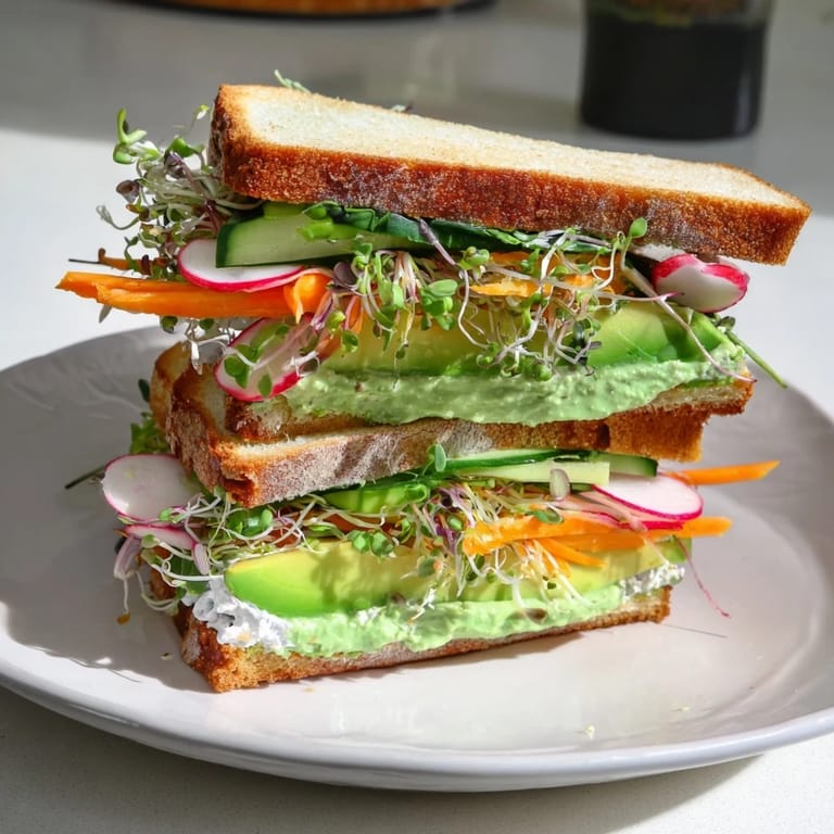 Delicious Green Goddess Sandwich, showcasing colorful layers of fresh vegetables between toasted bread slices.