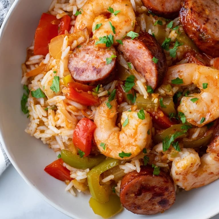 Steaming Jambalaya Skillet with shrimp, sausage, and bright vegetables, a flavorful one-pot meal.