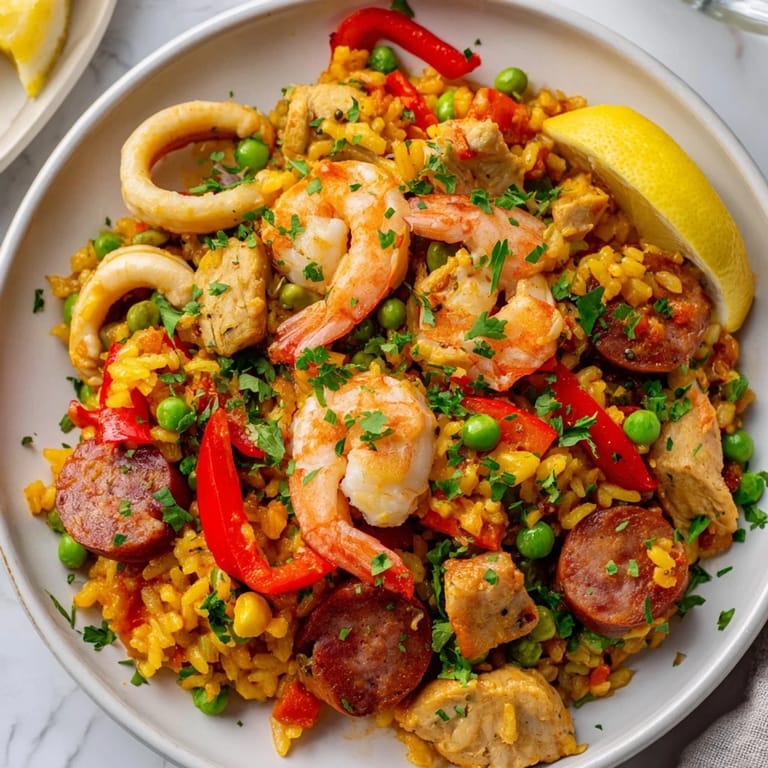 Golden-hued Paella Spanish Rice topped with fresh parsley and juicy lemon wedges.