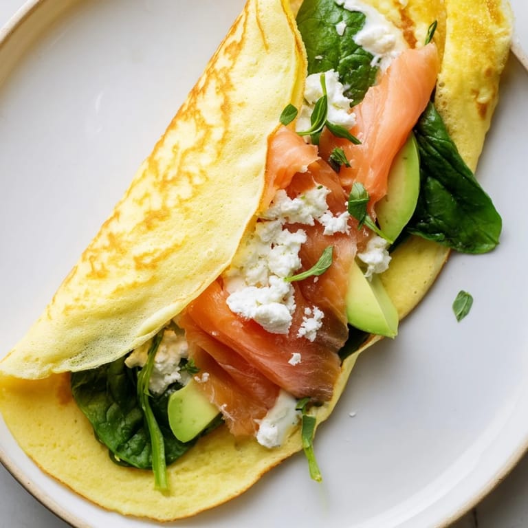 Golden, thin Blender-Egg Crepe Wrap filled with fresh spinach, salmon, and creamy avocado, ready to eat.