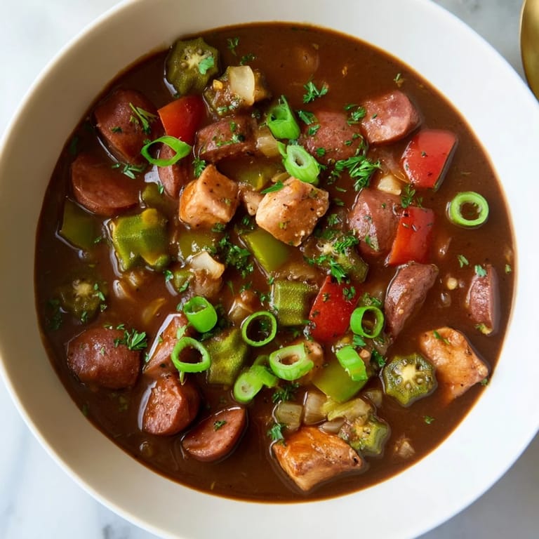 A steaming bowl of Gumbo Okra Soup, with visible okra, sausage, and chicken, ready to serve over rice.