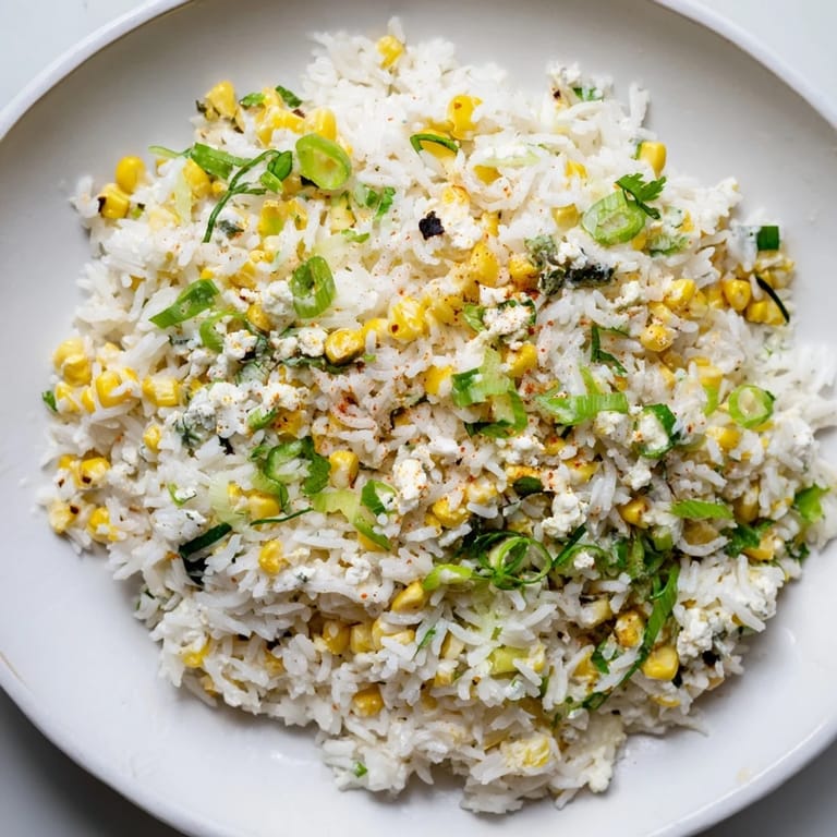 Close-up of freshly made Mexican Street Corn Rice, showing the creamy, zesty ingredients.