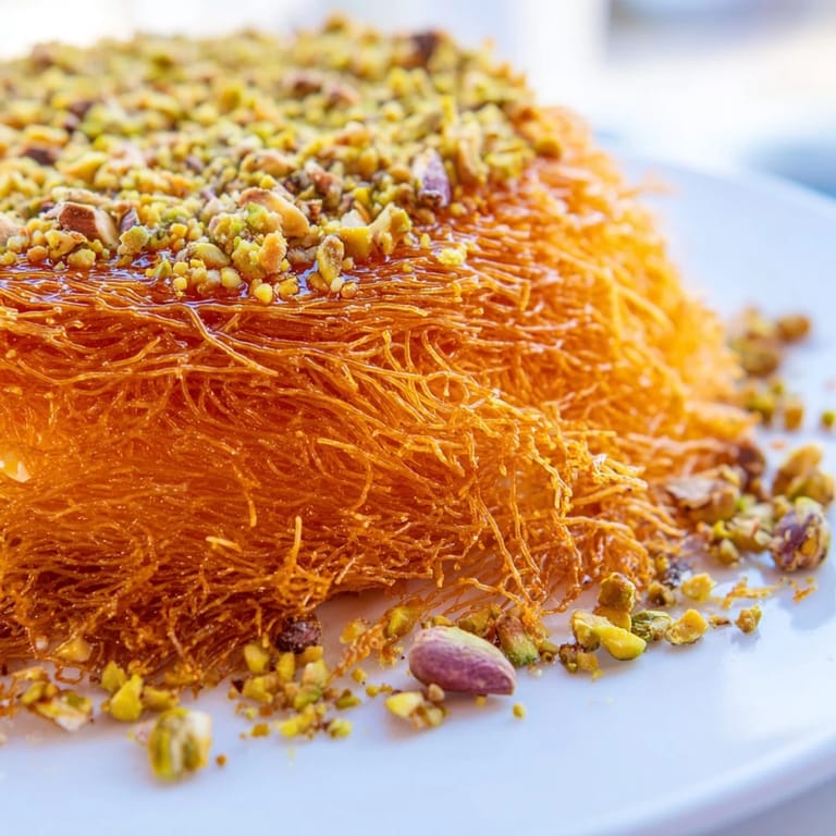 Close-up of baked Knafeh: shredded phyllo layered around a delicious cheese filling.