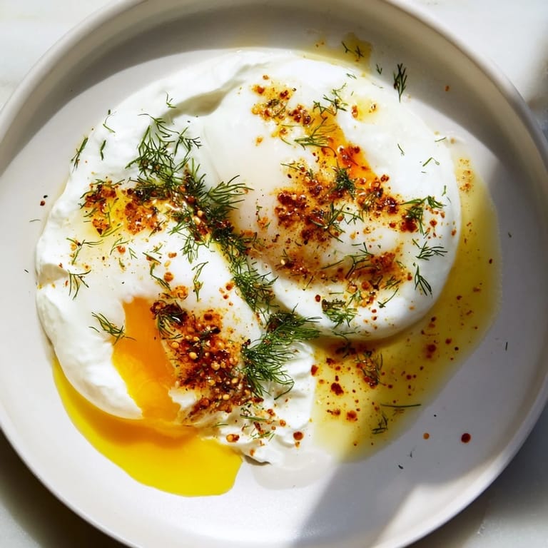 A close-up of a warm Cilbir: runny egg yolk over creamy yogurt with delightful spices.