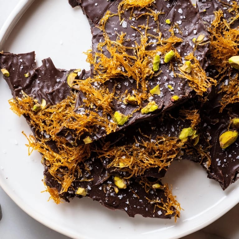 Close-up shot showing the golden crisp kataifi in our delicious, homemade Kataifi Chocolate Crunch Bark.