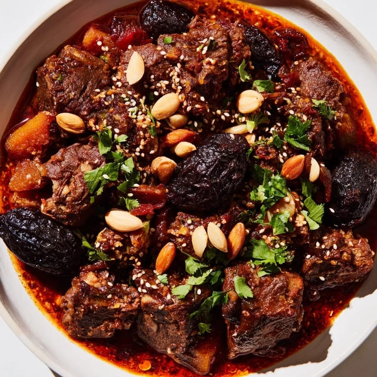 A steaming bowl of Moroccan lamb tagine with prunes and almonds is ready to savor.