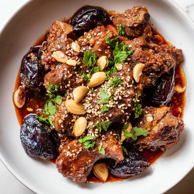 This photo shows a close-up of the delicious Moroccan lamb tagine with prunes and almonds.
