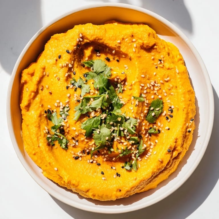 Enjoy a spoonful of flavorful carrot ginger dip with toasted sesame seeds, making a healthy snack.