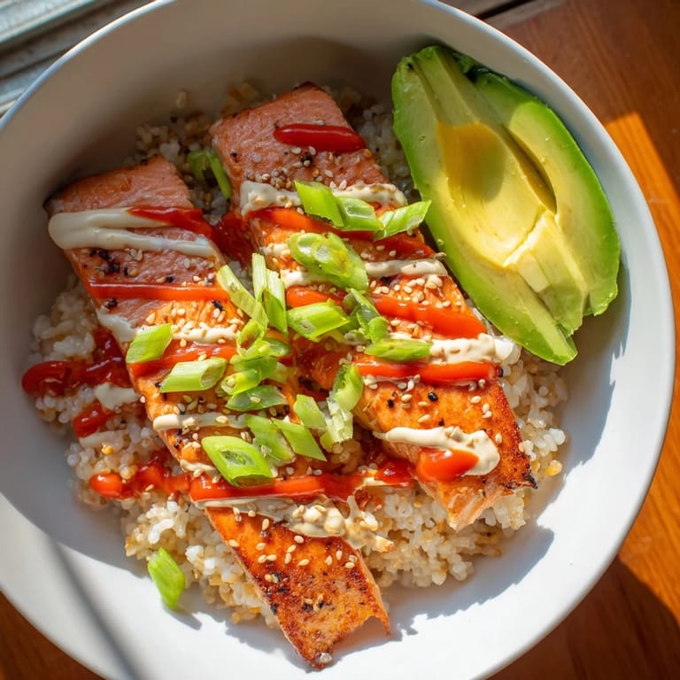 This colorful Emily Mariko Salmon Rice Bowl features creamy avocado and crispy seaweed, perfect for lunch.