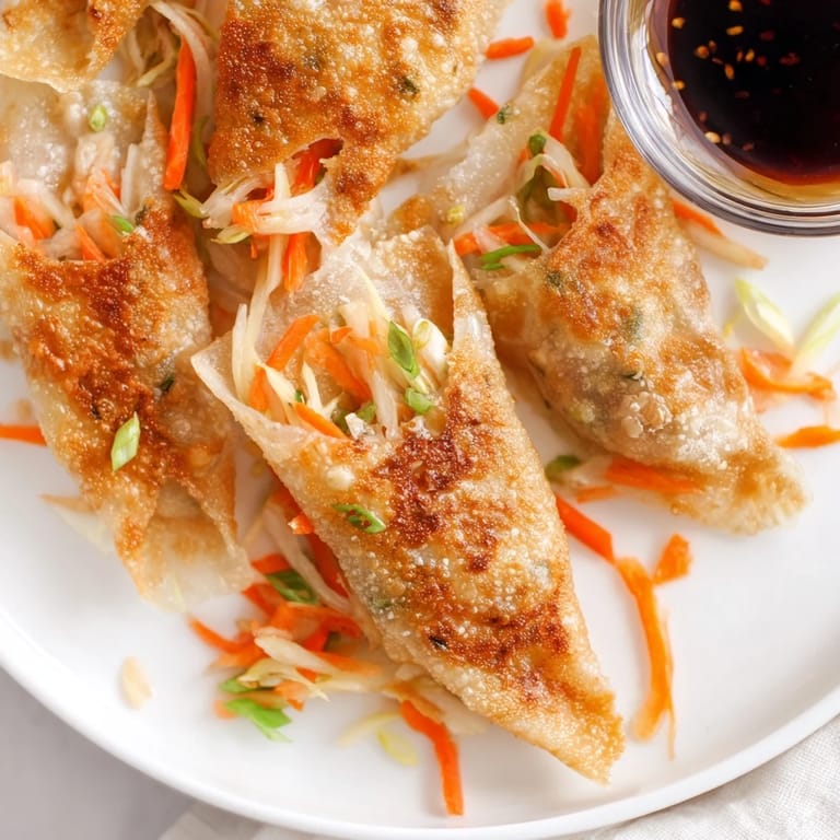 A close-up of freshly pan-seared crispy rice paper dumplings, showcasing their satisfying texture.