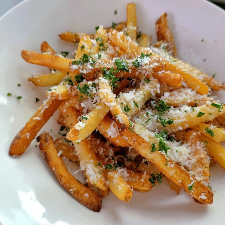 Close-up of freshly made Truffle Parmesan Fries, with salty Parmesan and herbs, delicious side dish.