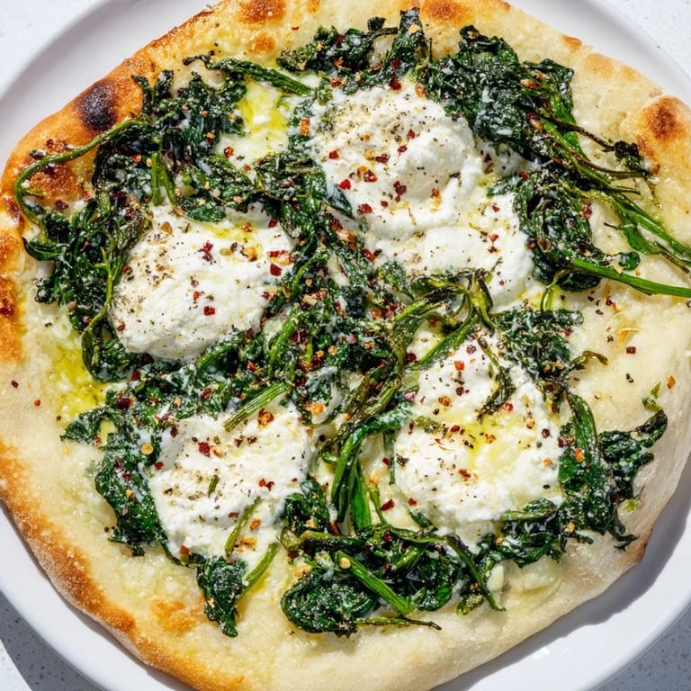 Golden-crusted Spinach Ricotta Pizza featuring a flavorful garlic butter base and flavorful toppings.