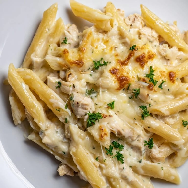 Baked Chicken Alfredo Casserole, a comforting Italian-American family favorite dish, steaming hot.