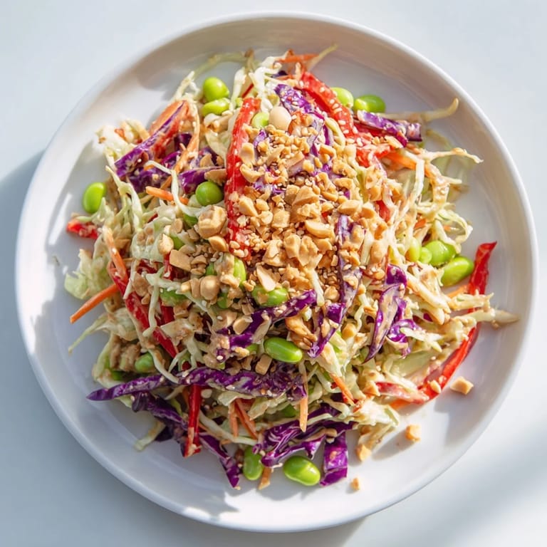 Crunchy Thai Peanut Salad with vibrant vegetables, ready to be tossed in creamy peanut dressing.